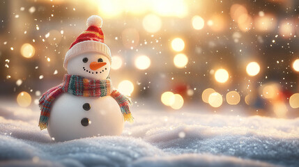 A charming and enchanting festive scene with snowman dressed in colorful winter attire