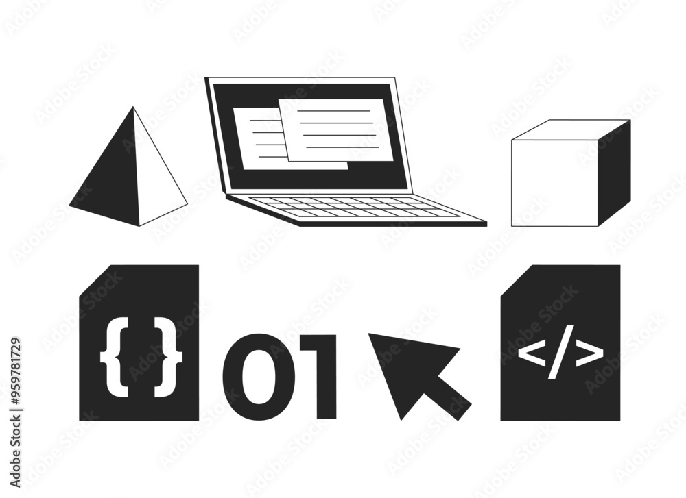 Poster web development tools black and white 2d line objects set. software making. apps creation with moder