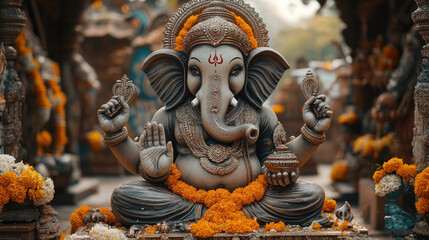 Fototapeta premium Ganesh Chaturthi rituals, focusing on the detailed and sacred rituals performed during the festival, highlighting the cultural and religious practices passed down through generations