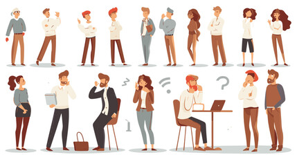 Set of puzzled and surprised office people. Problem solving and discussion. Vector flat illustration