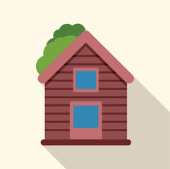 Small wooden house with a green roof casting a long shadow, depicted in a flat design style