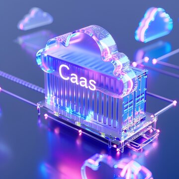 3D illustration of CaaS container as a service concept with neon lights and futuristic design.