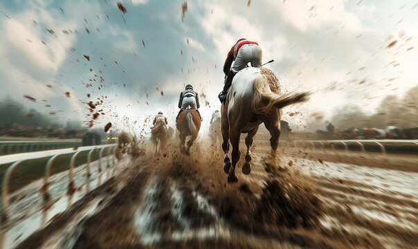 A dynamic, action-packed view from behind horses racing on a muddy track, with dirt flying into the air. The jockeys are focused, and the motion blur emphasizes speed and intensity