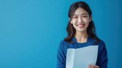 Obraz premium Smiling woman holding document against blue background, radiating positivity and confidence.