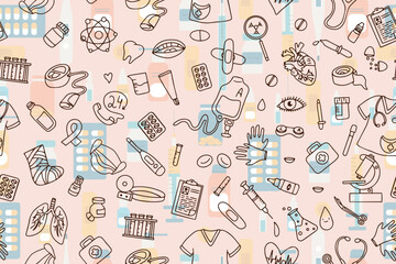 Seamless pattern of medical products, medicines, clothes, first aid kit in doodle style. Vector illustration