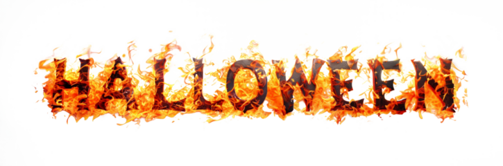 The word "HALLOWEEN" is engulfed in realistic flames, with bold, dark letters burning intensely against a white background. The fiery effect gives the impression of a dynamic and dramatic design