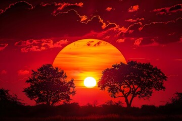 Obraz premium Breathtaking Sunset Over Silhouetted Trees in a Fiery Sky