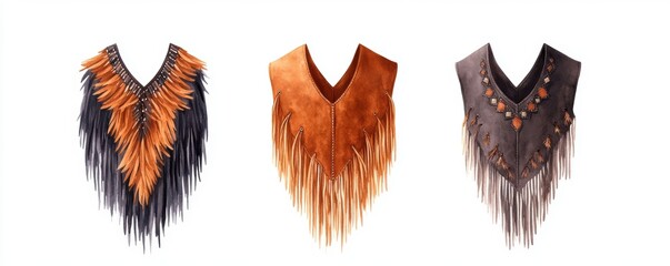 Boho fringe vest made from suede material with long tassels, isolated on a white background.