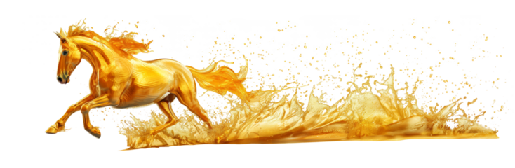 A dynamic golden horse formed from a splash of liquid gold, symbolizing the power and fluidity of performance, speed, and energy in relation to oil and horsepower