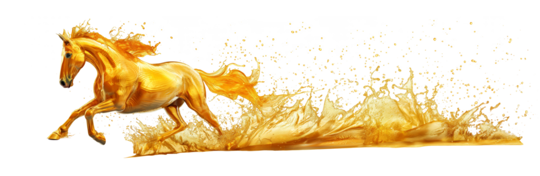 A dynamic golden horse formed from a splash of liquid gold, symbolizing the power and fluidity of performance, speed, and energy in relation to oil and horsepower