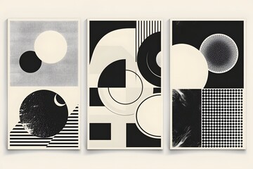 Obraz premium Modern Abstract Triptych Featuring Geometric Shapes and Patterns in Black and White