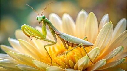 A photo image of a delicate, pale yellow flower with intricate petals and a subtle sheen, surrounded by a praying mantis with outstretched forelegs and a serene expression.