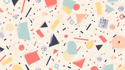 A seamless pattern of playful geometric shapes in a mix of pastel colors, scattered across a light background for a retro-inspired design. 8k UHD, suitable for high-quality printing or digital 