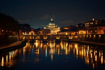 Fototapeta premium Stunning Night View of St. Peter's Basilica Reflected in the Tiber River