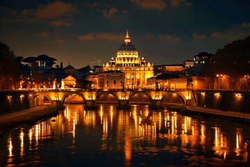 Fototapeta premium Enchanting Night View of St. Peter's Basilica and the Tiber River in Rome