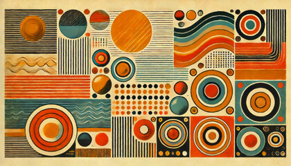 Obraz premium Abstract artwork featuring vibrant circular patterns, stripes, and dots in orange, blue, and yellow tones, creating a dynamic and balanced geometric composition. Ai generative.
