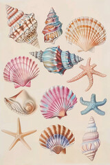 A vintage pastel shell illustration with a variety of shells arranged on a beige background. In vintage