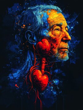 human skull with brain and heart Illustration of recognizing hyperkalemia using potassium levels. It results in the excretion of waste through the kidneys.