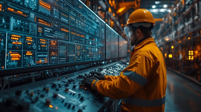 Master of the Control Room: An industrial engineer diligently monitors an array of digital displays in a high-tech facility. 
