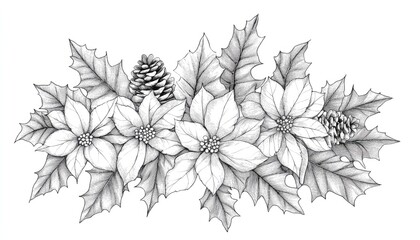 Line art illustration of winter flowers for the Christmas season on a white background