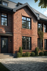 Naklejka premium A contemporary Dutch style house with a red brick facade, black-framed windows and front yard featuring well-maintained cobblestone driveway.