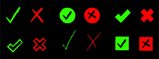 Green Check and Red Cross Mark Set. Hand drawn, doodle sketch, crayon, rough style. (Full Vector)