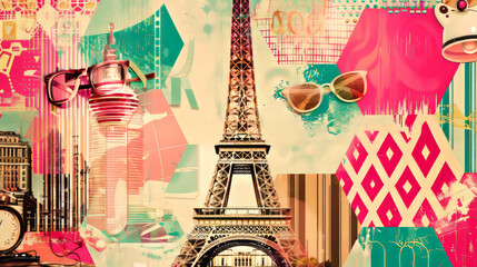 Retro-inspired collage featuring the Eiffel Tower, architecture, clocks, sunglasses, and geometric patterns. Bold colors and overlapping elements create a dynamic and playful visual. Ai generative.