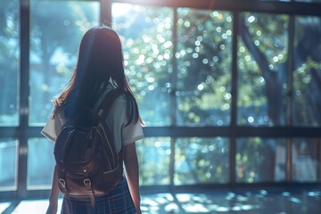 Obraz premium A Thoughtful Moment: A Student Gazing Out at Nature Through a Sunlit Window