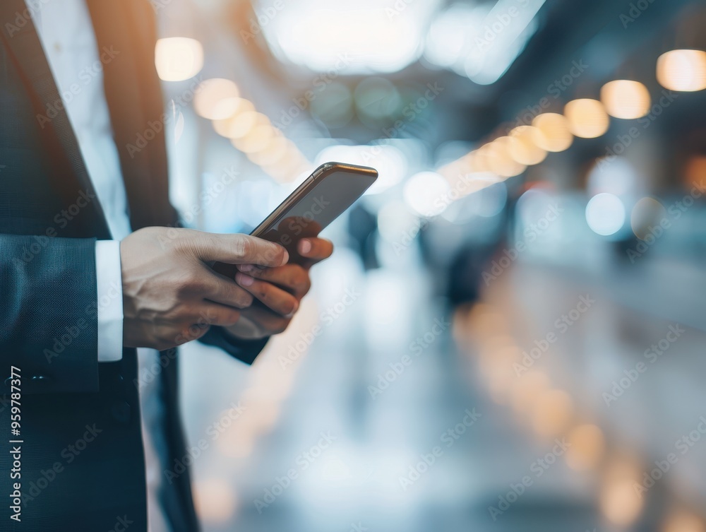 Wall mural close-up of a businessman's hands using a smartphone to book a flight. convenience of travel plannin