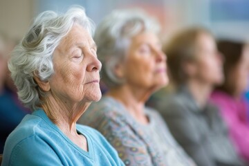 Elderly practicing breath-focused wellness techniques, senior meditation program for inner peace, gentle breathing, retirement wellness activities, mindfulness training for seniors finding serenity.