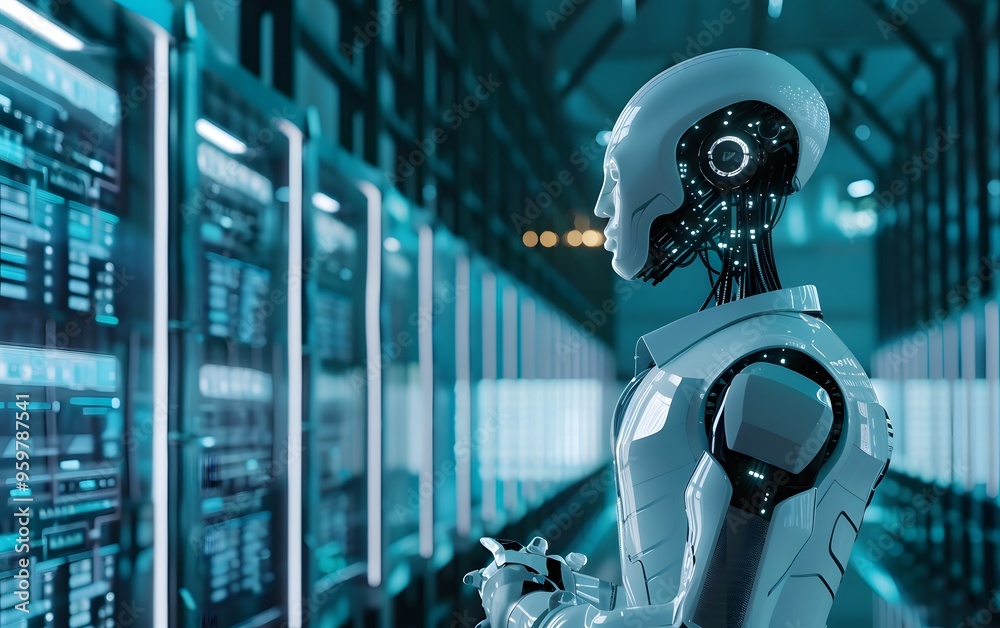 Poster futuristic robot analyzes data in a high-tech environment, showcasing advanced technology and artifi