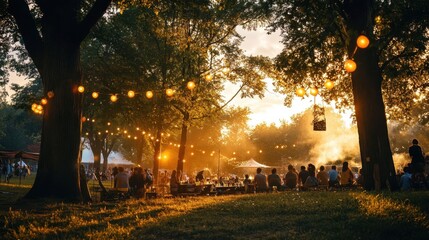 A large group of people are gathered in a park, enjoying a sunny day