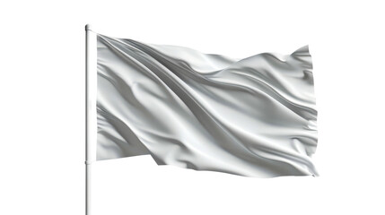 Fototapeta premium The white flag flows elegantly in the wind, beautifully highlighting its smooth fabric and texture against a soft gray background, evoking a sense of peace.