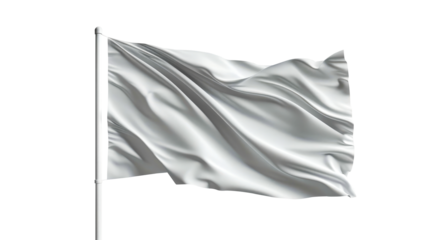 The white flag flows elegantly in the wind, beautifully highlighting its smooth fabric and texture against a soft gray background, evoking a sense of peace.