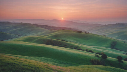Fototapeta premium a watercolor-style landscape in pastel tones. Include rolling hills in pale green and blue, with a soft sunset in shades of pink and orange.