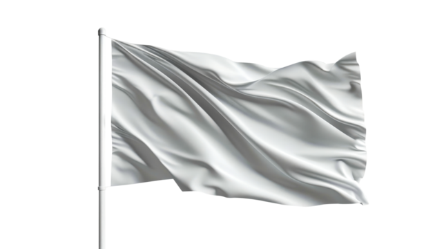 The white flag flows elegantly in the wind, beautifully highlighting its smooth fabric and texture against a soft gray background, evoking a sense of peace.
