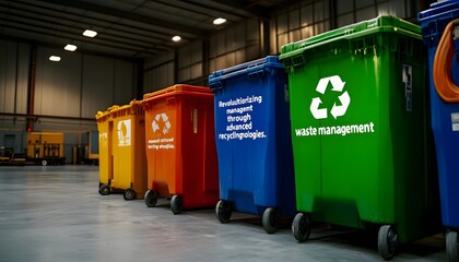 Obraz premium Four Colorful Wheeled Recycling Bins in a Warehouse