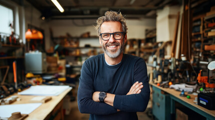 Smiling man with glasses and beard wearing casual clothes, standing with arms crossed in a workshop filled with tools and equipment, showcasing a craftsman setting.