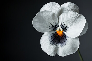 A close-up of a delicate white flower with dark accents, showcasing its intricate details.