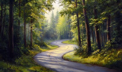 Obraz premium Oil painting depicting a scenic road winding through a lush forest