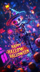 Skeleton in Witch Hat with Halloween Glow
