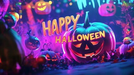 A festive and colorful text of "HAPPY HALLOWEEN", bright colors and patterns, dynamic pose, on a Halloween party background. Detailed decorations and costumes. Bright lighting with colorful shadows, l