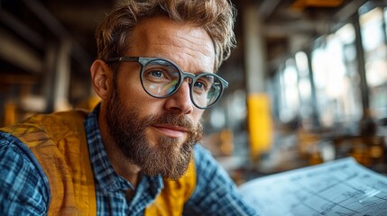 Focused Engineer: A close-up portrait of a bearded man in a construction vest and glasses, his gaze fixed on something beyond the frame, showcasing the intensity and dedication of a hardworking.