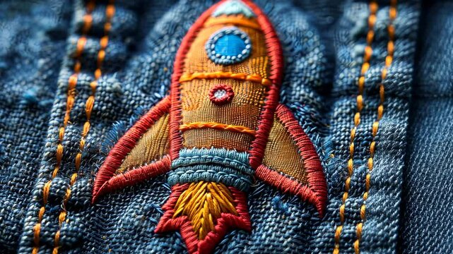 Embroidered rocket design on denim fabric, close-up detail. Textile art and fashion concept