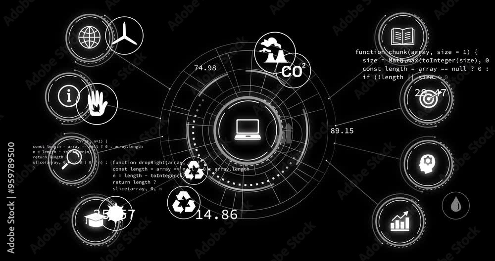 Poster circular data visualization with environmental icons and coding animation over black background