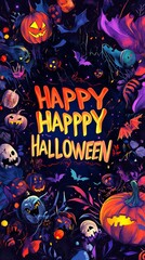 Colorful Halloween Design with Pumpkins and Skulls
