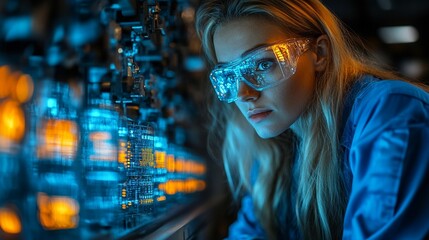 Decoding the Future: A female scientist in protective eyewear intently analyzes data on a glowing server panel, embodying the spirit of innovation and technological advancement. 