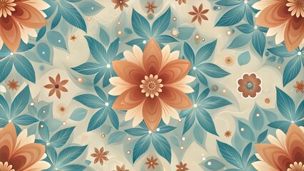 Vibrant floral pattern featuring large flowers and leaves in warm and cool tones