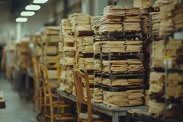 Fototapeta premium Stacks of Wooden Sheets in a Manufacturing Facility