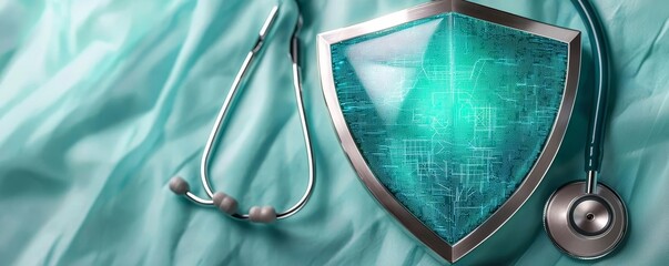 Digital shield protecting hospital network, cybersecurity for healthcare, blue and green tones, glowing tech elements